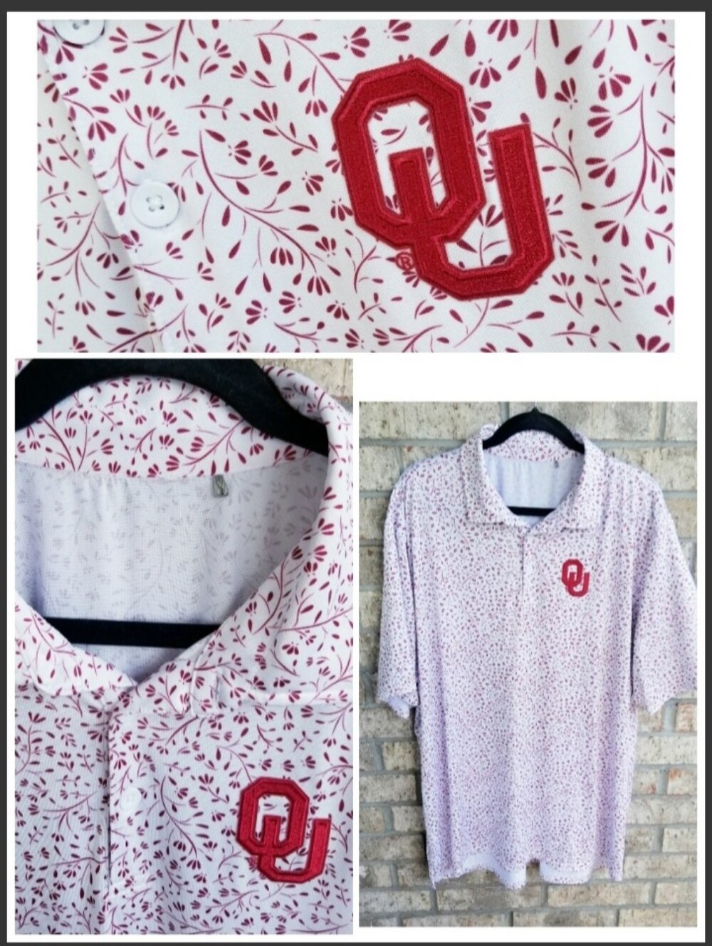 OKLAHOMA Sooners WHITE W/ CRIMSON Leaf GOLF Polo Shirts (Men 3XL 56" Chest)